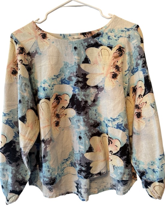 Beautiful People Tops - Beautiful Brand Floral Abstract Long Sleeve Blouse - Size Small - Blue/Cream